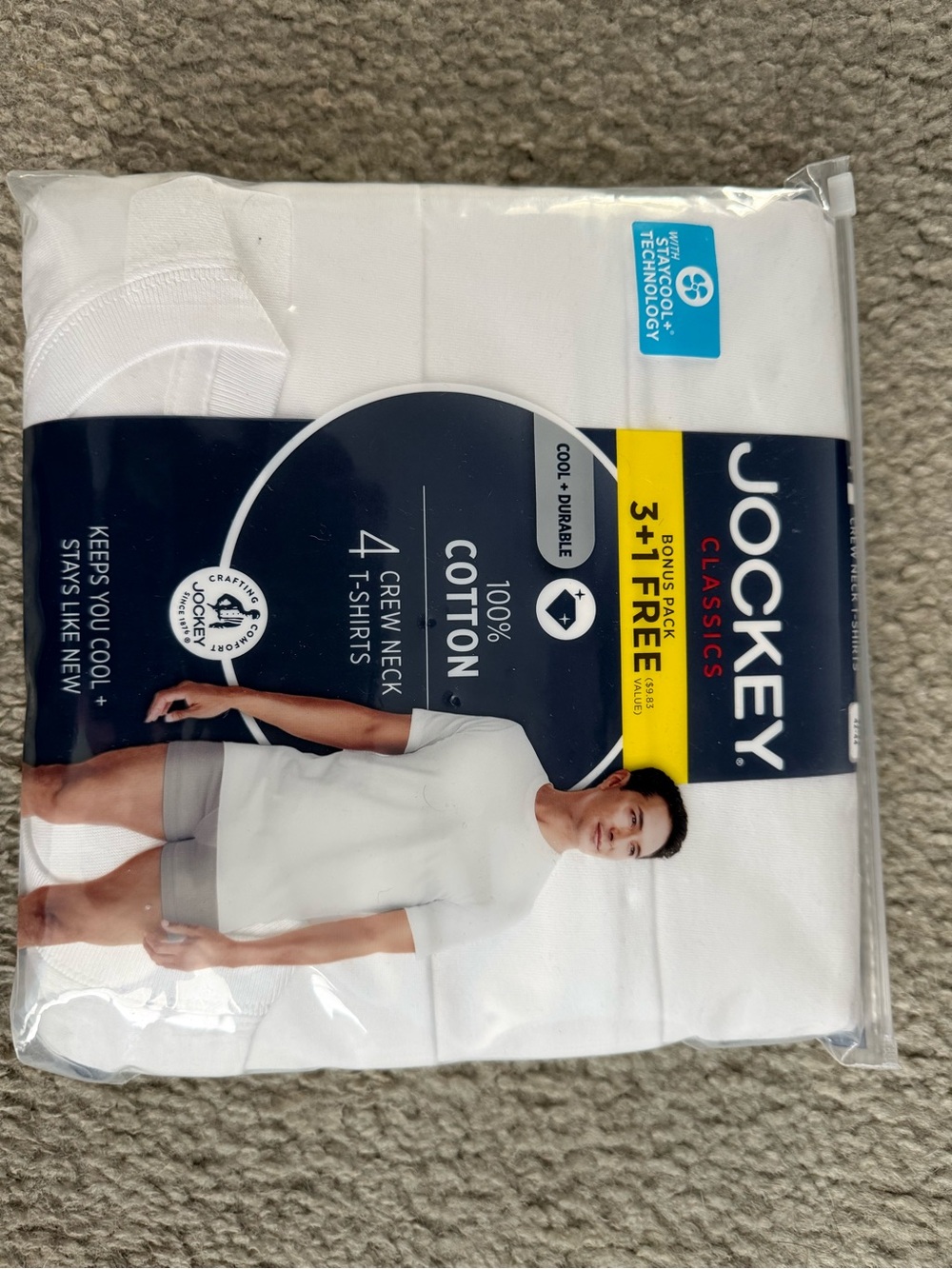Jockey Men’s White Crew Neck Cotton Undershirts - 4 Pack (3+1 Bonus)